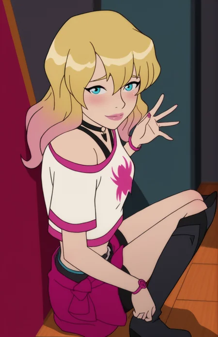 zPDXL3, source_anime, 1girl, solo, implied, source cartoon, cute, sexy, flirting, teasing, back against wall, bedroom eyes, looking at viewer, blush, front view, pov, size difference,
gwen_stacy, blonde hair, blue eyes, multicolored hair, long hair, midriff, off shoulder, boots
<lora:hand 5.5:0.8> <lora:Gwen_Stacy_-_Marvel_Rising:0.9>