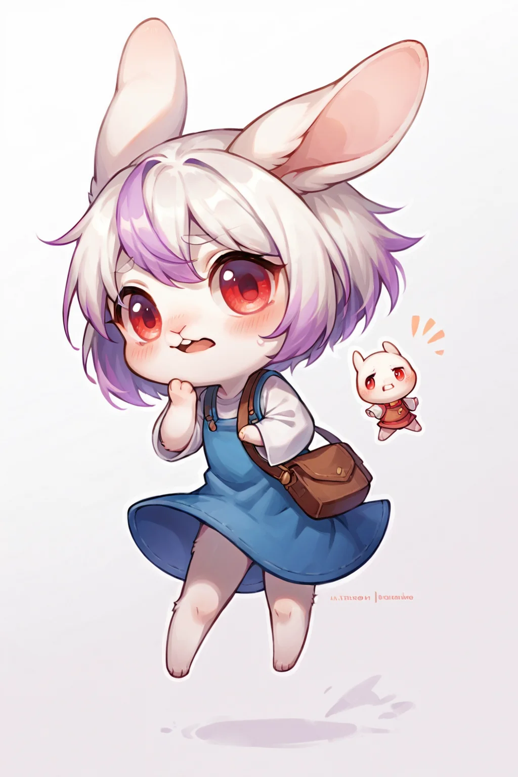 score_9, score_8_up, score_7_up, source_anime, source_furry, highly detailed, 1girl, chibi:0.3, white fur, albino anthro rabbit with lavender dyed hair, red eyes, embarrassed, ears drooping, simple background, white background, <lora:justduet_SDXLPONY_r70_768_dim32-a4-adamW-000009:0.6>