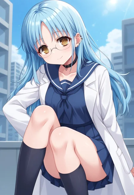 Score_9, Score_8, Score_7,Source_anime,
BREAK
1girl:  <lora:Minato Izutsumi NTKNFN-V1>,Minato Izutsumi,
 sky blue hair,long hair, brown eye,ringed eyes,  multicolored hair, 
 , black choker, ear piercings, medium breasts,semi-rimless eyewear,
BREAK
white sailor collar, blue serafuku, blue shirt,blue skirt,labcoat
,lab coat with long sleeves that cover the hands, black socks,