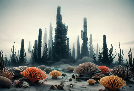 RAW photo, high quality SK_ANALOGFILM of a huge <lora:3D_Underwater:0.8> Und3rw4t3r Sc3n3, corals, fish, water, marine creatures,<lora:Glass_2_LoRA:0.5>, <lora:HDRv1:0.9>, <lora:Neon_Cyberpunk_Cyberbody_v2_SDXL:0.5> mad-cbrbdy vast city with foggy,swirling fire tornado,<lora:T-800:0.5> robot, (t-800), in <lora:Clean_Minimalist:0.4> minimalistic, flat color, no lineart, silhouette, simple bright background, featuring black and orange,grey and red