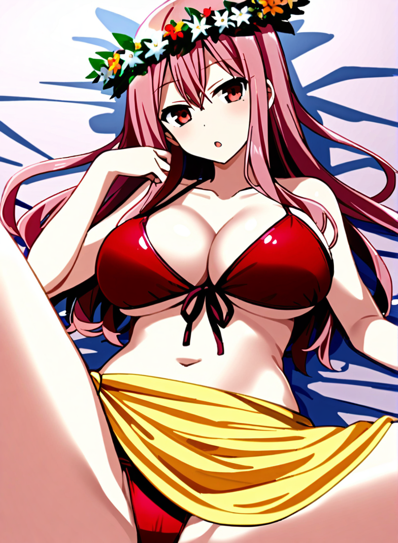 character: Mizuki (ç¾æ), 1girl, solo, lying on bed,spread legs, long hair, pink hair, large breasts, flower, red eyes, white head wreath, :o, yellow sarong, cleavage, navel, collarbone, red bikini, front-tie bikini top,<lora:Mizuki (ç¾æ) v5 (æ­£ååå¾ç¿»è½¬)-000015:1>