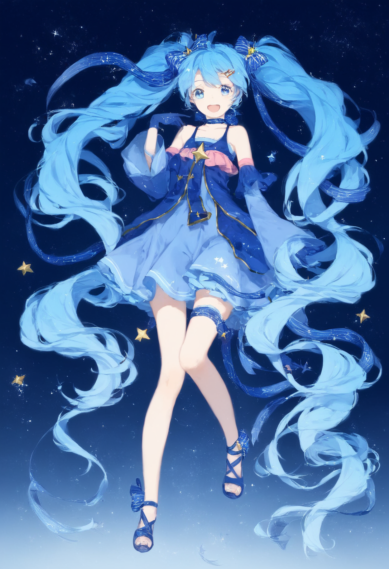 score_9,score_8_up,score_7_up,,source_anime BREAK ,    SHM17, hatsune miku, 1girl, yuki miku, constellation print, long hair, star \(symbol\), twintails, solo, blue hair, blue eyes, open mouth, hair ornament,  gloves, detached sleeves, smile, blue dress, star hair ornament, starry sky print, hairclip, striped ribbon, hair bow. full body<lora:RayfullyFor Pony v0.2_epoch_20:1>,<lora:éªãã¯17:1>