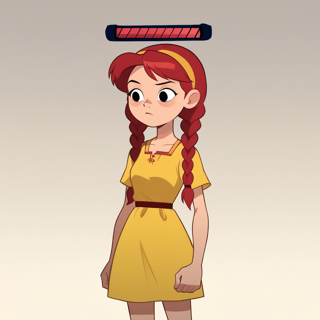 score_8_up, BREAK, 1girl, solo, red hair, black eyes, twin braids, yellow dress, cowboy shot, gradient background, HealthBar, Health Bar,  <lora:RedHealthBar_PXL_Leaf1:1>