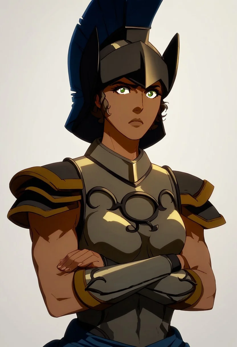 score_9,score_8_up,score_7_up,score_6_up,source anime BREAK, 1girl, Athena, dark-skinned female, bangs, brown hair, green eyes, helmet, armor, solo, arms crossed, white background