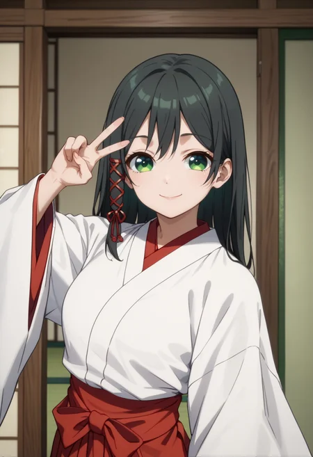 score_9, score_8_up,
1girl,  <lora:AmagamiYae_Amagamisan_PDXL:0.8>, amagamiyae, black hair, green eyes, red ribbon, hair ribbon,
japanese clothes, miko, hakama skirt, red hakama, white kimono, wide sleeves,
looking at viewer, slight smile, v over mouth
