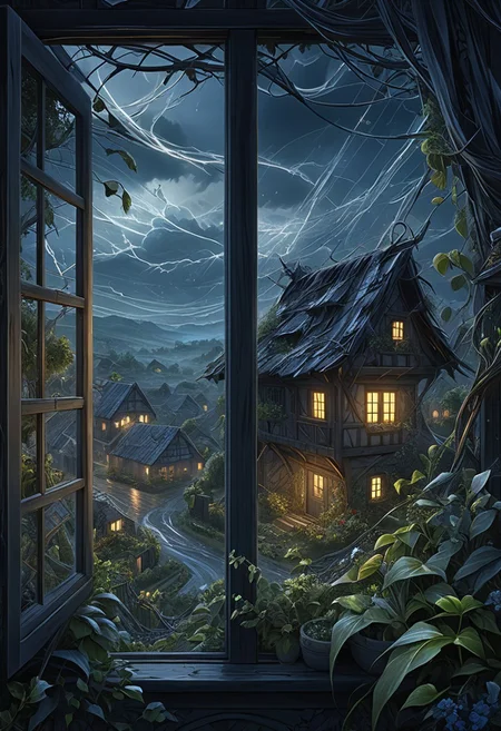 Best quality, masterpiece,
View at nightstorm from window village house, village outside and plants under strikes of strong wind, wrath of nature
Intricate, entangled, intricately detailed