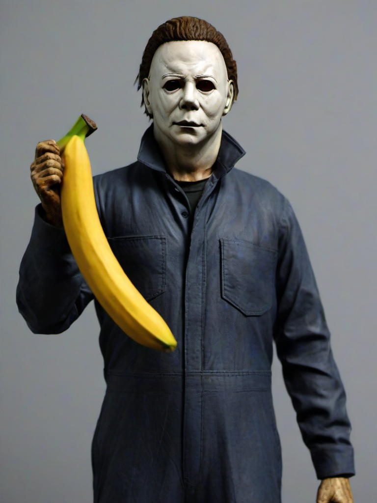 Masterpice,High Quality,
 <lora:PE_Michael Myers:0.8> PEMichaelMyers,
holding a banana