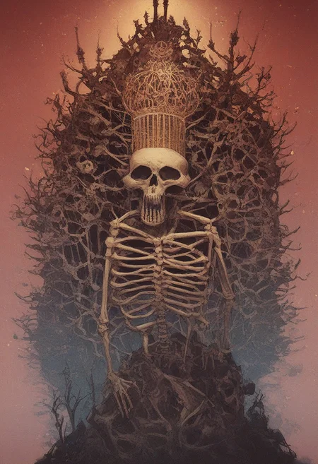 score_9, score_8_up, score_7_up, score_6_up,
one skeleton of dead king wearing rotted clothes and a golden crown on a lavish golden throne, boneswm, freebo_alloy, creature, abstract