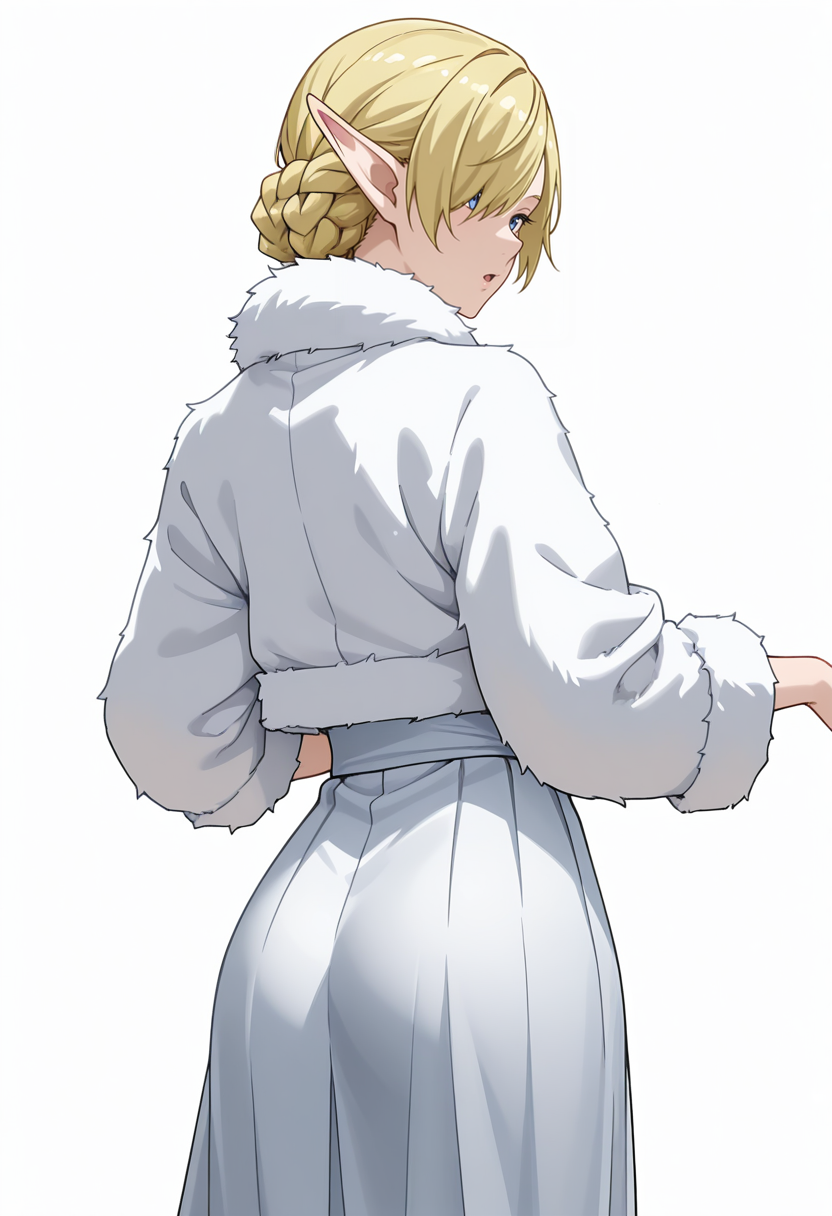 Smooth Quality,masterpiece,very intricate, high quality details, ultra realistic, high detailed skin,detailed enviorement,absurdres, 
simple background, white background, 
from behind,dancing,
:o,solo, 
 <lora:Kagali_cnn:0.8> 1girl, short hair, blonde hair, blue eyes, pointy ears, braid, hair over one eye, elf,kimono,  ,fur coat, ,sheer skirt,  ,