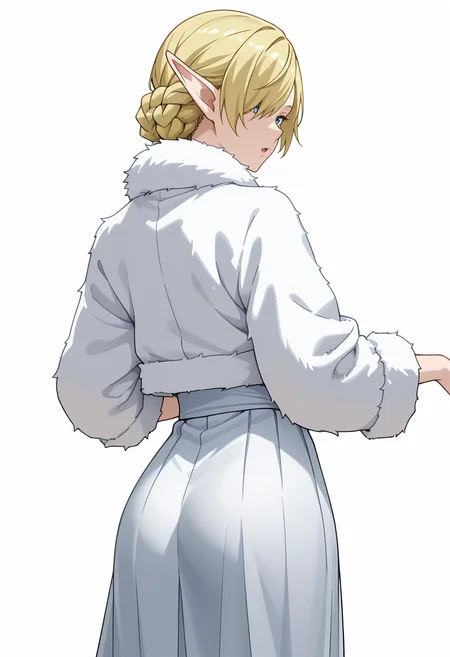 Smooth Quality,masterpiece,very intricate, high quality details, ultra realistic, high detailed skin,detailed enviorement,absurdres,
simple background, white background,
from behind,dancing,
:o,solo,
<lora:Kagali_cnn:0.8> 1girl, short hair, blonde hair, blue eyes, pointy ears, braid, hair over one eye, elf,kimono, ,fur coat, ,sheer skirt, ,