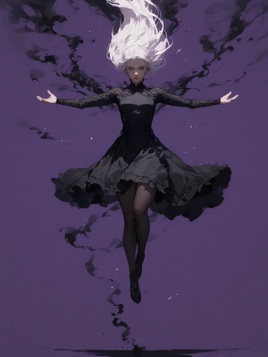 score_9, score_8_up, score_7_up,
illustration-style is fantasy, digital art.
2.5d,
1 beautiful woman, solo focus,
white hair.
wearing a black dress,
(floating, Zero gravity), curl up body, spread arms.
multiple black smoke around woman,
simple purple background, shadow on black floor.
purple and black color grading.
shoot form front, full body,
<lora:Style-Hyper-SDXL-12steps-CFG-lora:0.5>
<lora:add_brightness_XL:0.>
<lora:add_contrast_XL:0.>
<lora:add_outline_XL:0.1>
<lora:add_saturation_XL:0.>
<lora:Kunaboto_Style_LoRA__PonyXL:0.5> kunaboto
<lora:Sinozick_Style_XL_Pony:0.5> sinozick style, dark theme