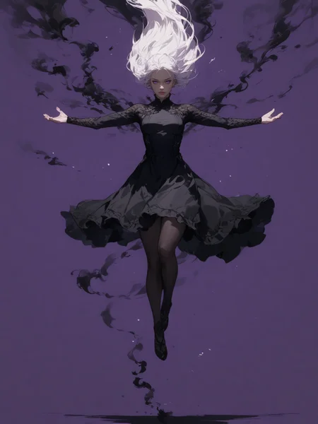 score_9, score_8_up, score_7_up,
illustration-style is fantasy, digital art.
2.5d,
1 beautiful woman, solo focus,
white hair.
wearing a black dress,
(floating, Zero gravity), curl up body, spread arms.
multiple black smoke around woman,
simple purple background, shadow on black floor.
purple and black color grading.
shoot form front, full body,
<lora:Style-Hyper-SDXL-12steps-CFG-lora:0.5>
<lora:add_brightness_XL:0.>
<lora:add_contrast_XL:0.>
<lora:add_outline_XL:0.1>
<lora:add_saturation_XL:0.>
<lora:Kunaboto_Style_LoRA__PonyXL:0.5> kunaboto
<lora:Sinozick_Style_XL_Pony:0.5> sinozick style, dark theme