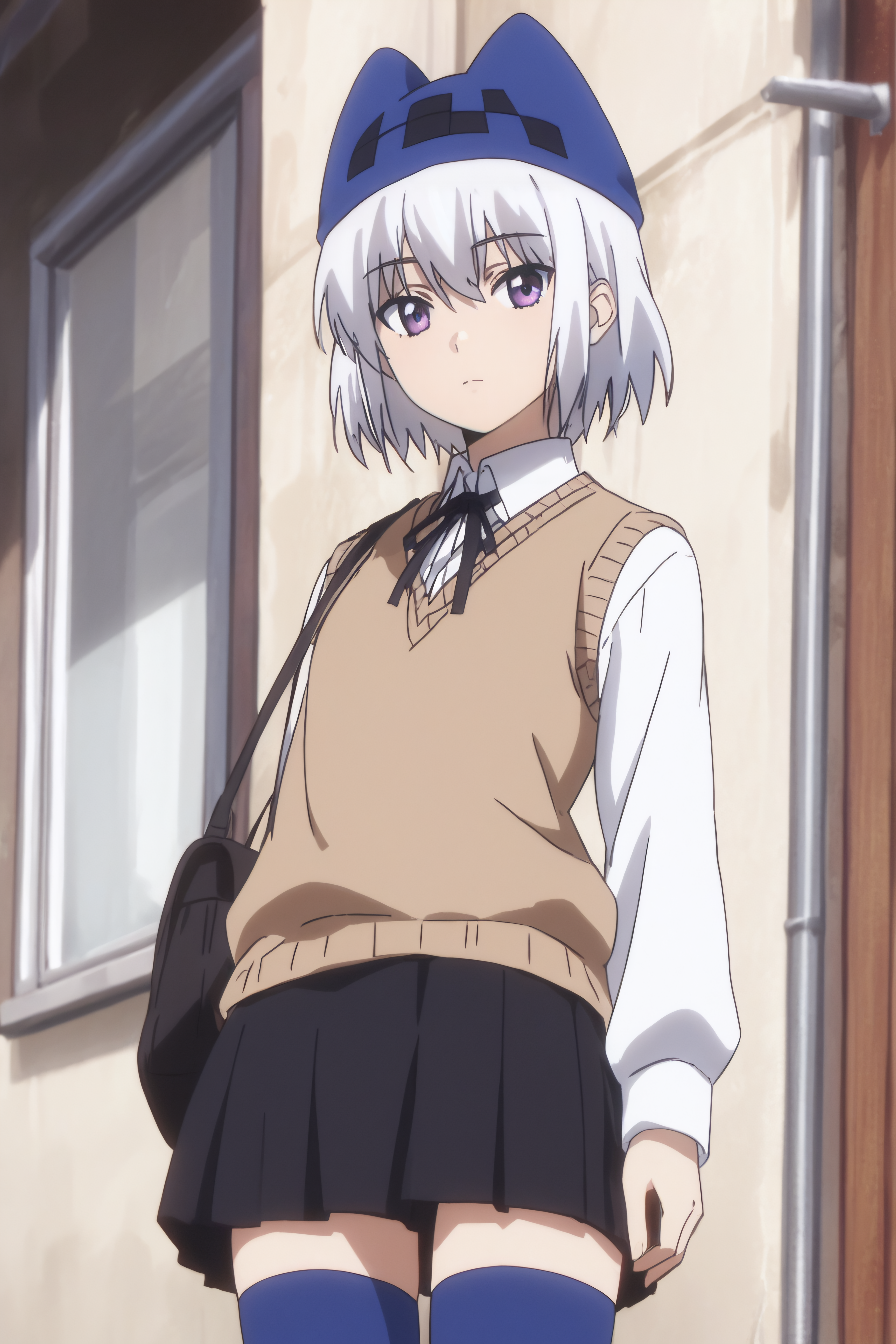 score_9, score_8_up, score_7_up, source_anime, <lora:Athena-PonyXL-lora-Faxtron:0.8> athena, purple eyes, white hair, short hair, hat with ears, beige sweater vest, white shirt, black neck ribbon, long sleeves, black skirt, blue thighhighs, standing, anime screencap,