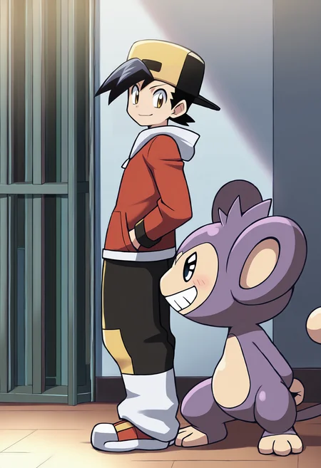 masterpiece, best quality,,detailed_background,indoors,highres,tail,1boy,goggles,yellow eyes,pokemon \(creature\),full body,male focus,black hair,aipom,ethan \(pokemon\),pokemon,nintendo,creatures \(company\),game freak,smile,pokemon adventures,gen 2 pokemon,hat,blush