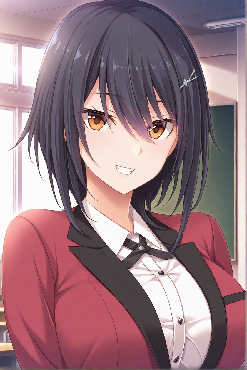 sensitive,<lora:ikoma_yui_Illustrious:0.7>,1girl,solo,ikoma_y,hair ornament,grin,<lora:kizuna_school_uniform-000004>,kizuna uniform,collared shirt,black bowtie,upper body, 
indoors,classroom,