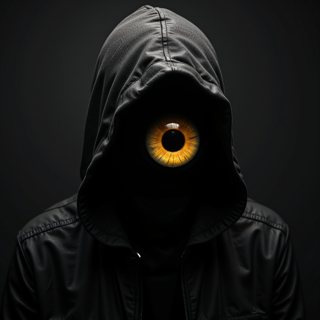 Midjourney_Whisper, abstract artstyle, logotype containing black and grey colors, one yellow eye hiding in the hood, shadows conceal him