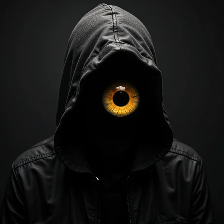 Midjourney_Whisper, abstract artstyle, logotype containing black and grey colors, one yellow eye hiding in the hood, shadows conceal him