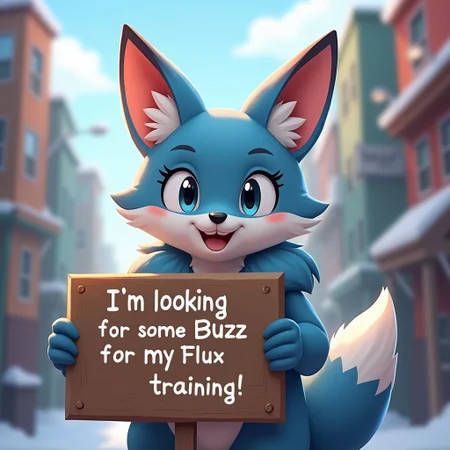 An arctic fox holding op a sign that says "I'm looking for some Buzz for my Flux training" at a city, ryuma210 style, 2d