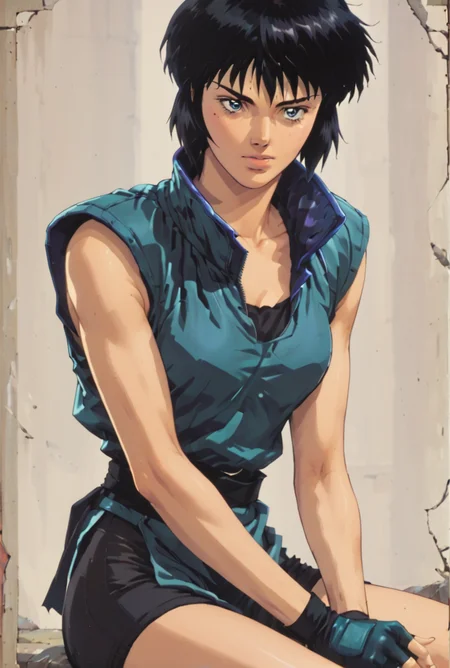 score_9, score_8_up, score_7_up,score_6_up, score_5_up, score_4_up, BREAK <lora:gits95environment:0.8>,
gits95, , solo, gloves, fingerless gloves, 1girl, short hair, black hair, sitting, retro artstyle
