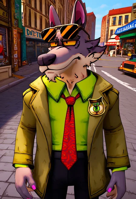 score_9_up, score_8_up, score_7_up, masterpiece, best quality, amazing quality, very aesthetic, absurdres, newest, high quality, detailed, male, solo male, DaleDonovan, 1boy, mature male, male, anthro, wolf, broad shoulders, scruffy, gray fur, light tan underbelly, black eyes, yellow sclera, thick eyebrows, animal ears, green collared shirt, red tie, tan jacket, detective, sunglasses on forehead, black pants, half body, outdoors, looking at viewer, on the street, city, on sidewalk, gun in hand, focused, stern face