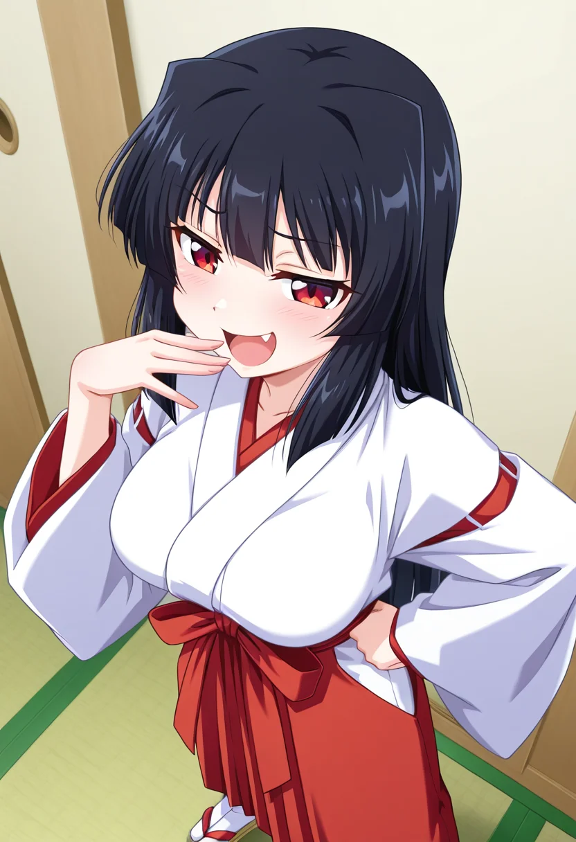masterpiece, best quality, amazing quality, absurdres, 1girl, solo, youkoww, red eyes, black hair, long hair, medium breasts, miko, white kimono, long sleeves, red hakama, hakama skirt, tabi, <lora:Sakaki_Youko_Doki_Doki_Rooming_ill:0.8>, from above, ojou-sama pose, hand to own mouth, hand on own hip, smug, laughing, open mouth, indoors, skindentation, detailed clothing folds, depth of field, sharp, high contrast, dynamic light