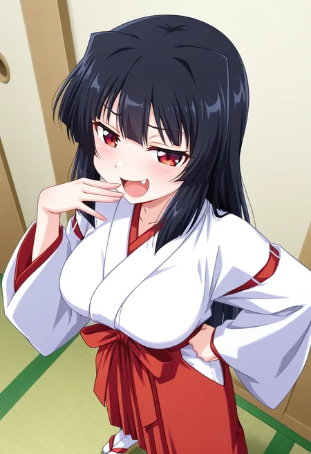 masterpiece, best quality, amazing quality, absurdres, 1girl, solo, youkoww, red eyes, black hair, long hair, medium breasts, miko, white kimono, long sleeves, red hakama, hakama skirt, tabi, <lora:Sakaki_Youko_Doki_Doki_Rooming_ill:0.8>, from above, ojou-sama pose, hand to own mouth, hand on own hip, smug, laughing, open mouth, indoors, skindentation, detailed clothing folds, depth of field, sharp, high contrast, dynamic light