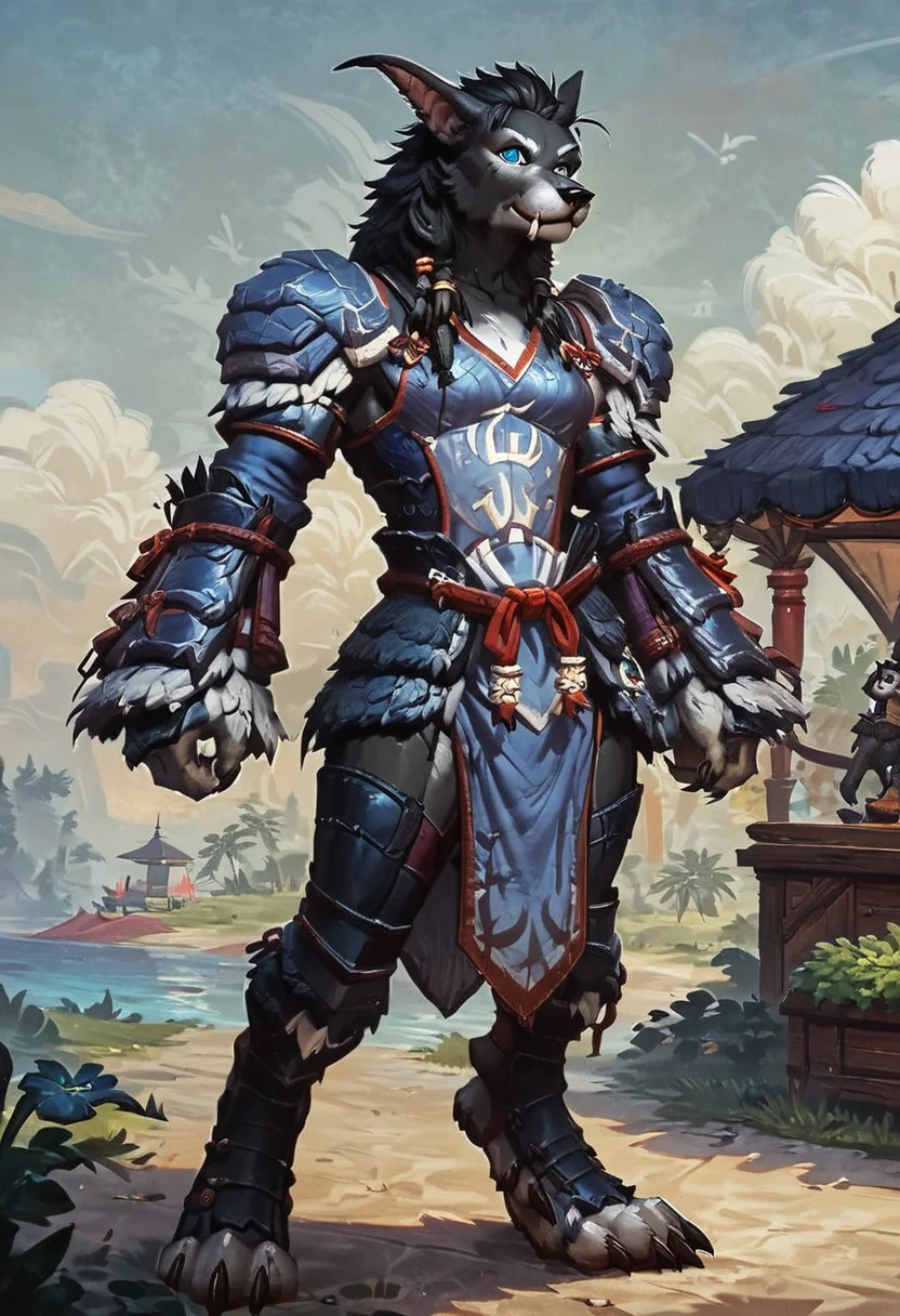 Furry, male, humanoid, worgen, anthro, blue eyes, digitigrade, tail, solo, tall, tough build, medieval clothes, yian garuga armor, standing, concept art, realistic, tropical background