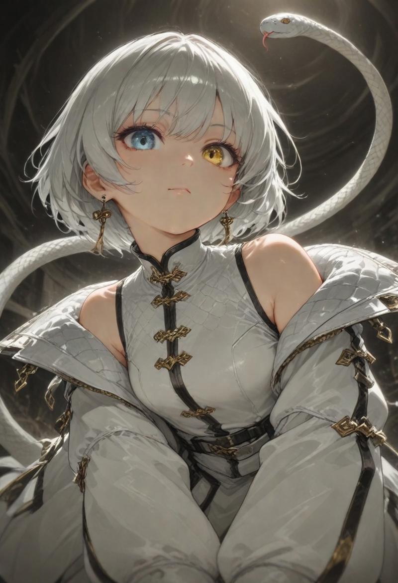 best quality, amazing quality, very  esthetic, newest, scenery, high-resolution, masterpiece, detailed eyes, perfect eyes, realistic eyes, depth of  field, low angle, bend backward,
1girl, solemn, confident, heterochromia, looking viewer ,solo ,silver hair, short hair, open shoulder, snake trimmed,  earrings,  jewelry, gloves,
bloom, snake style, volumetric lighting,  (fighting stance:0.7).