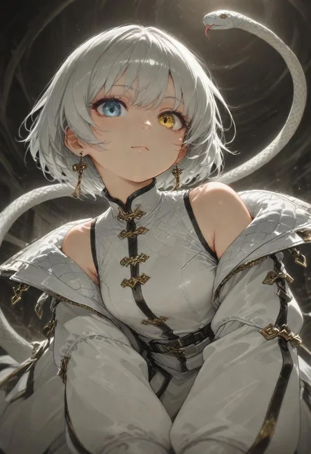 best quality, amazing quality, very  esthetic, newest, scenery, high-resolution, masterpiece, detailed eyes, perfect eyes, realistic eyes, depth of  field, low angle, bend backward,
1girl, solemn, confident, heterochromia, looking viewer ,solo ,silver hair, short hair, open shoulder, snake trimmed,  earrings,  jewelry, gloves,
bloom, snake style, volumetric lighting,  (fighting stance:0.7).