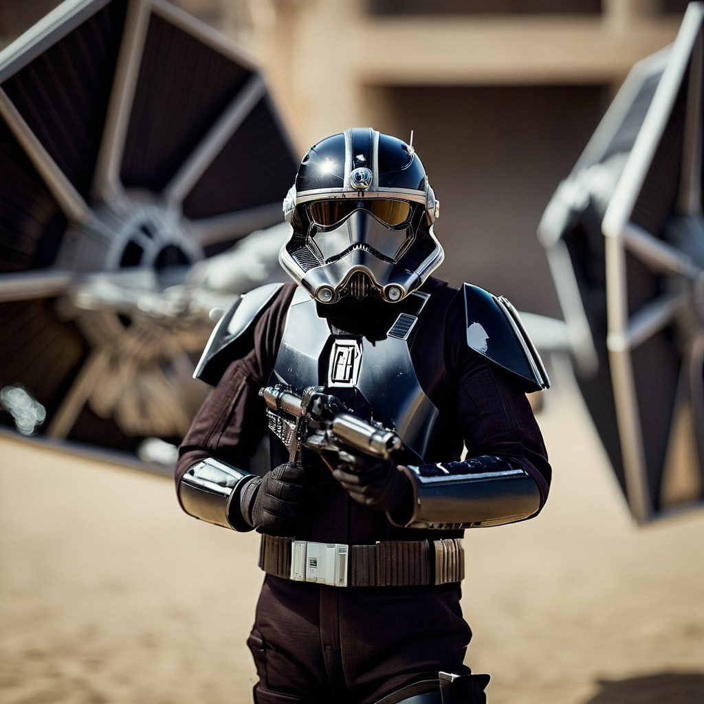 cinematic film still of  <lora:star wars style v2:0.2>
<lora:detailed:0.4> detailed
<lora:perfection style:0.4> perfect
<lora:Chiaroscuro Lighting Style:0.2>
 <lora:TIE fighter:0.9>
TIE fighter a a pilot man in a star wars suit in front of a tie fighter,solo,1boy,holding,standing,weapon,male focus,holding weapon,gun,helmet,robot,holding gun,science fiction , star wars style, shallow depth of field, vignette, highly detailed, high budget, bokeh, cinemascope, moody, epic, gorgeous, film grain, grainy