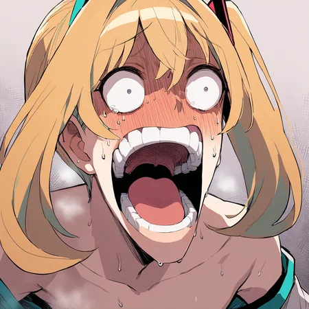 <lora:xl_enel face-000032:1>,enel face,open mouth,sweat,teeth,wide-eyed,constricted pupils,hatsune miku,, masterpiece, best quality,