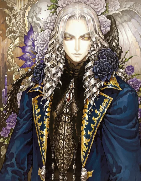 score_9, score_8_up, score_7_up, score_6_up, source anime,
kojima ayami, castlevania, 1boy, male focus, solo, alucard \(castlevania\), silver hair, long hair, curly hair, blue coat, white jabot, black feathers, dress flower, male focus, pearl \(gemstone\), upper body, portrait, looking at viewer, yellow eyes, eye focus, corsage, dappled moonlight, night sky
<lora:ayami_kojima_castlevania_pony:1>