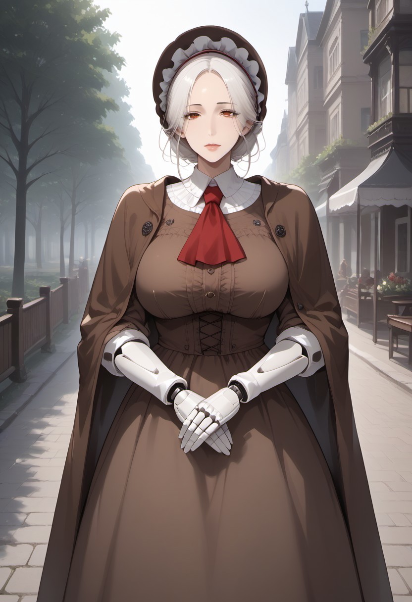 score_9,1 girls, wooden joints, bonnet, red ascot, brown cloak, brown dress, long dress, gloves, white hair, middle parted hair, forehead, mature, victorian, piped fold,