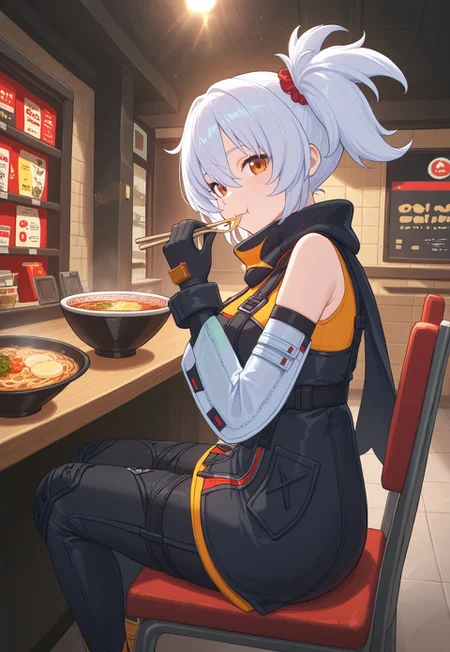 masterpiece, best quality, 4k, expressive eyes, perfect face, high detail, bloom, lens flare, godrays, post processing, cinematic lighting, volumetric lighting, 1girl, Soldier 11, solo, white hair, side ponytail, red rubber band, orange eyes,  black scarf, bodysuit, black and yellow bodysuit, bodysuit ornaments, pockets, red zip, shoulder cut, detached sleeves, white sleeves, black gloves, leather pants, black and orange pants, black and orange shoes, happy, Sitting, chair, spicy ramen, holding chopstik, eating, side view, indoors, ramen store, loking at viewer