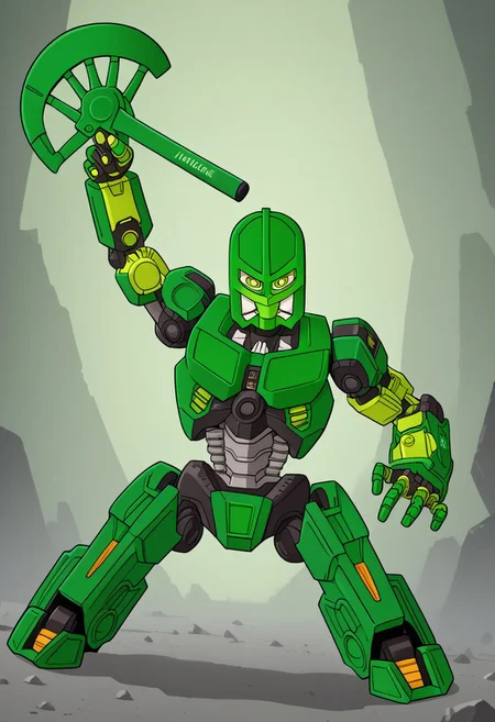 Toa Lewa, dynamic pose, axe, green mask, mecha