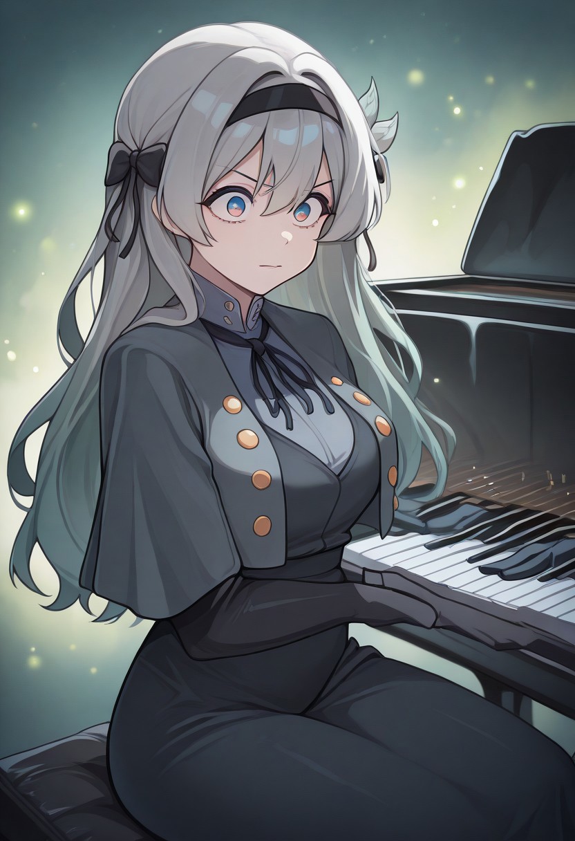 masterpiece, best quality, amazing quality, very aesthetic, absurdres, newest,  amazing detail, intricate detail, firefly, jepella, grand piano, sitting, playing piano