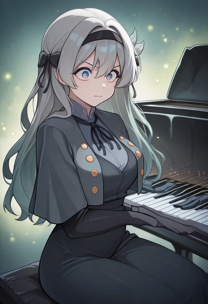 masterpiece, best quality, amazing quality, very aesthetic, absurdres, newest, amazing detail, intricate detail, firefly, jepella, grand piano, sitting, playing piano