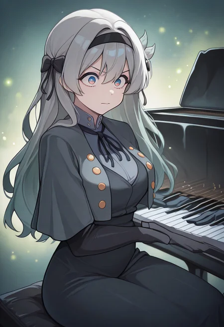 masterpiece, best quality, amazing quality, very aesthetic, absurdres, newest, amazing detail, intricate detail, firefly, jepella, grand piano, sitting, playing piano