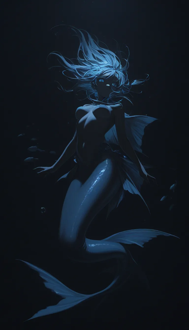 (masterpiece, best quality), amazing quality, very aesthetic, absurdres, highres, newest, dak depth, intricate detailed, low kye,
1girl, solo, mermaid, (dark), (black background), black shadow, blue neon, bloom, deep sea, swimming fish