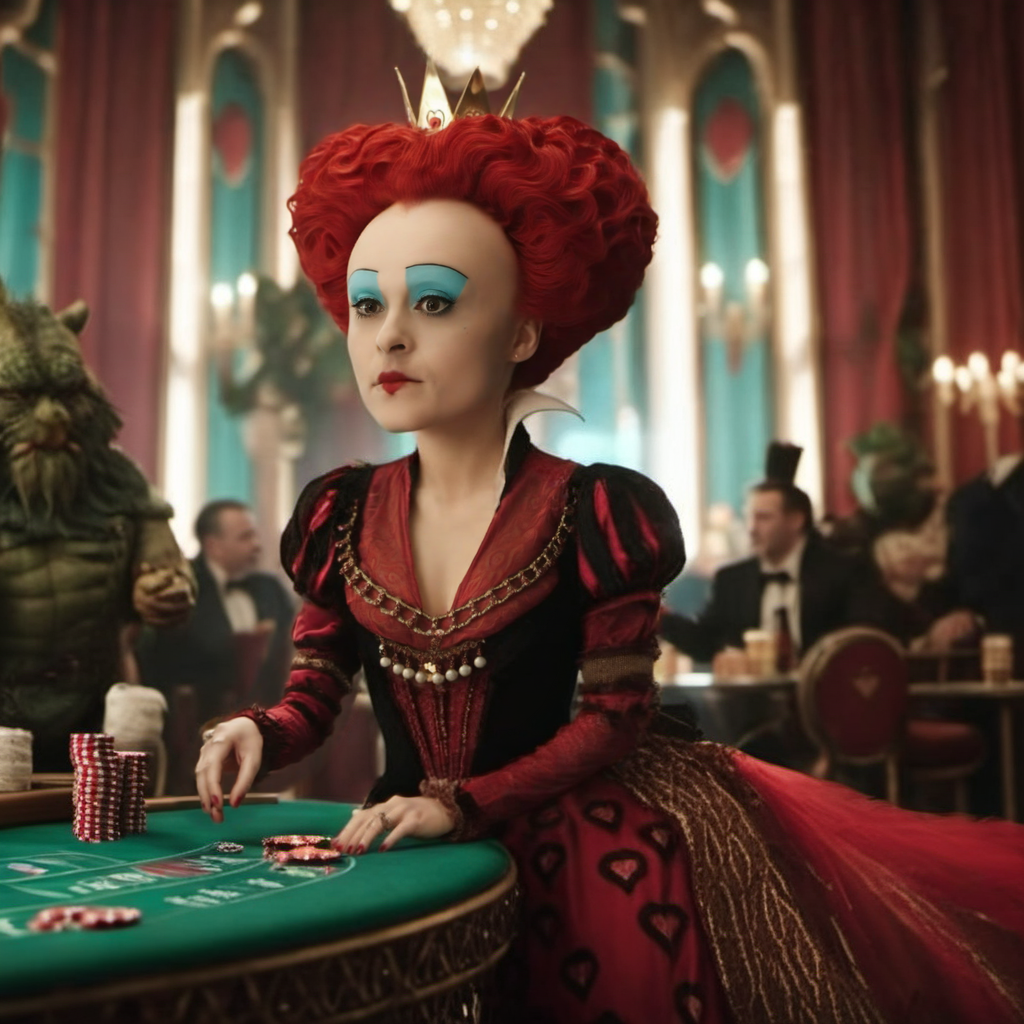 cinematic photo a woman, weird makeup, red dress, playing poker in a casino, cigar, wiskey <lora:RedQueen1024:0.8> . 35mm photograph, film, bokeh, professional, 4k, highly detailed