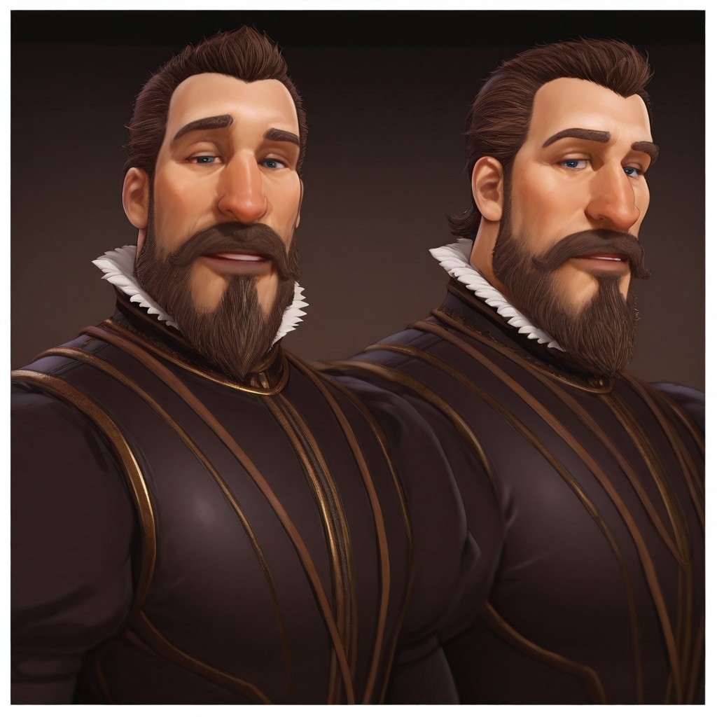 masterpiece, best quality, newest, absurdres, highres, Diz_D00dz, white borders around characters, soft light, BREAK bara, muscular, 1man, male focus, male, male focus, 1boy, PhilipIICIVVI, blue eyes, brown hair, short hair, facial hair, beard, mustache, goatee beard, slick back hair, fleshy nose, {{beefy}}, {{muscular}}, {{large}}, smirk, looked at the viewer, close up to face