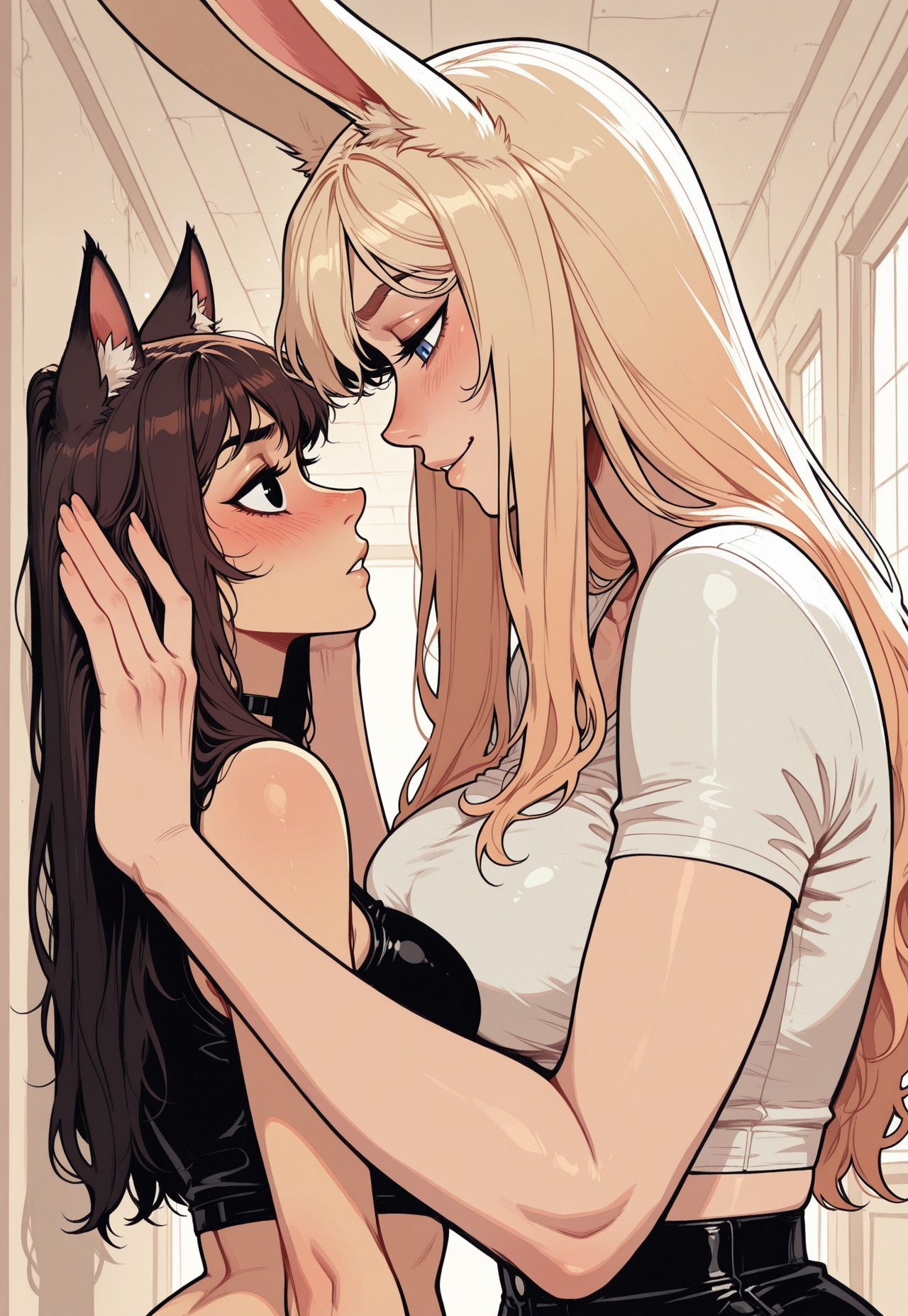score_9, score_8_up, score_7_up, masterpiece, best quality, very aesthetic, detailed face, (dynamic:1.1), incoth, (incase:0.6), 2girls, brown hair, long hair, black eyes, rabbit ears, rabbit girl, confident, tall woman, (hand against wall:0.6), pressing against, (small woman, size difference:0.7), blonde hair, catgirl, catears, blue eyes, crop top, aloof, entranced, blush, curvy, adult. hallway, sideview, looking at each other, close up, touching