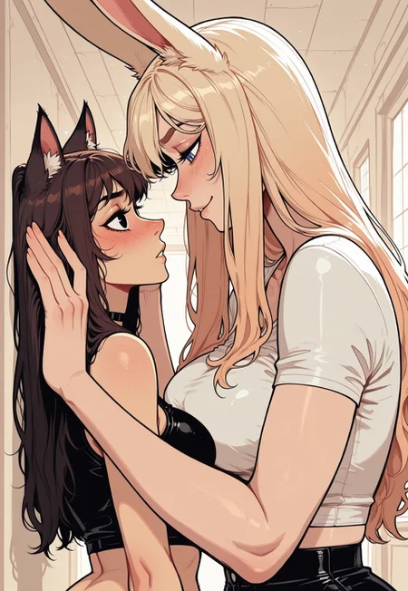 score_9, score_8_up, score_7_up, masterpiece, best quality, very aesthetic, detailed face, (dynamic:1.1), incoth, (incase:0.6), 2girls, brown hair, long hair, black eyes, rabbit ears, rabbit girl, confident, tall woman, (hand against wall:0.6), pressing against, (small woman, size difference:0.7), blonde hair, catgirl, catears, blue eyes, crop top, aloof, entranced, blush, curvy, adult. hallway, sideview, looking at each other, close up, touching