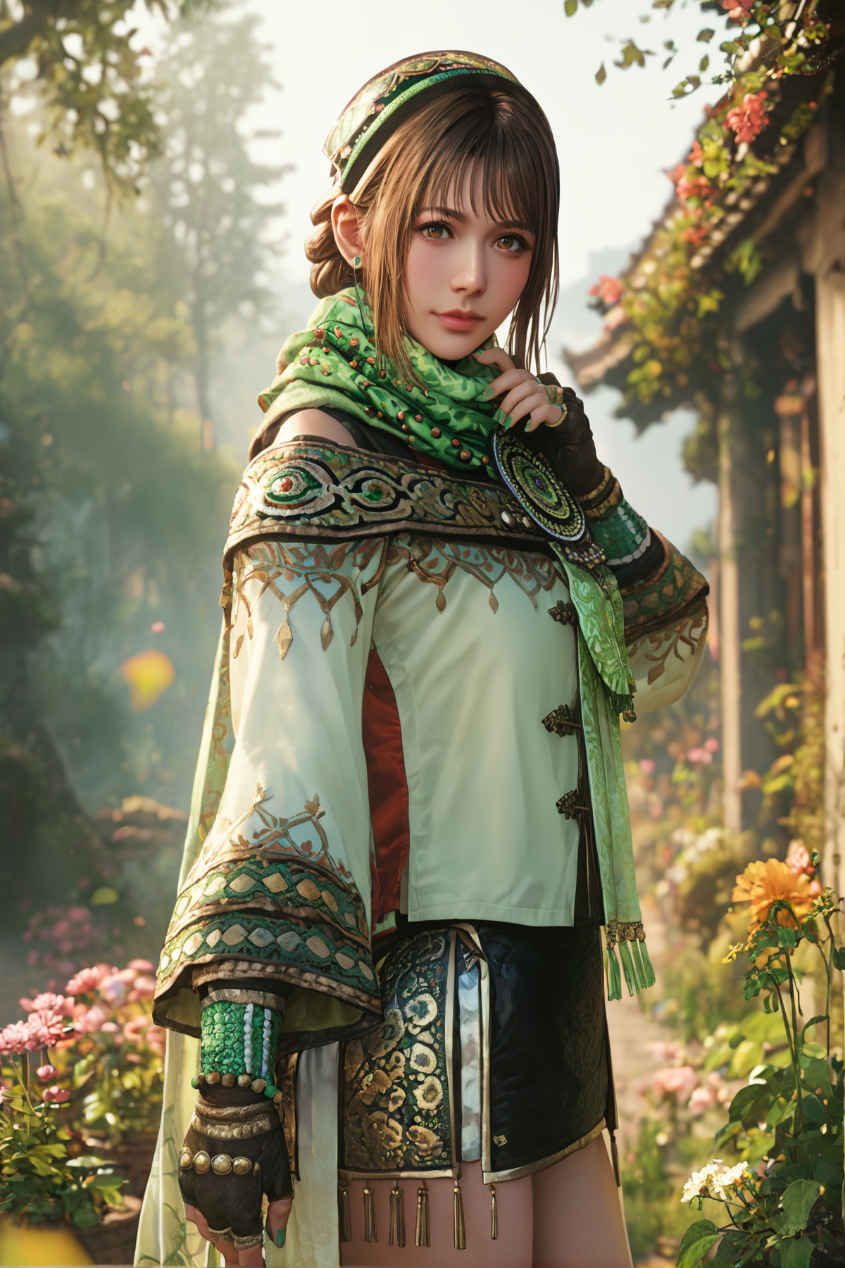 score_9, score_8_up, score_7_up, source_anime, Standing, pretending to smell a big flower, <lora:Bao_Sanniang_Dynasty_Warriors:0.7> 1girl, solo, brown hair, brown eyes, fingerless gloves, skirt, jewelry, scarf, green nails, looking at viewer