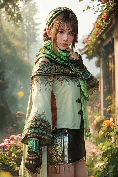 score_9, score_8_up, score_7_up, source_anime, Standing, pretending to smell a big flower, <lora:Bao_Sanniang_Dynasty_Warriors:0.7> 1girl, solo, brown hair, brown eyes, fingerless gloves, skirt, jewelry, scarf, green nails, looking at viewer