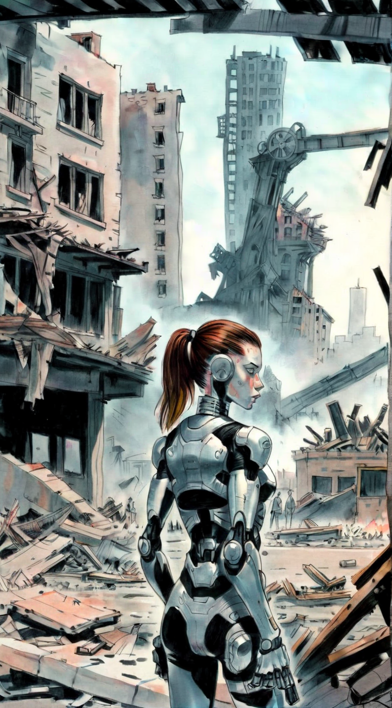 drawix2 cyborg girl in the background a destroyed city and a group of people <lora:drawix2:1>
