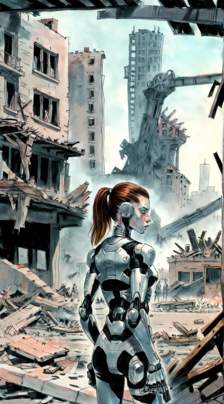 drawix2 cyborg girl in the background a destroyed city and a group of people <lora:drawix2:1>