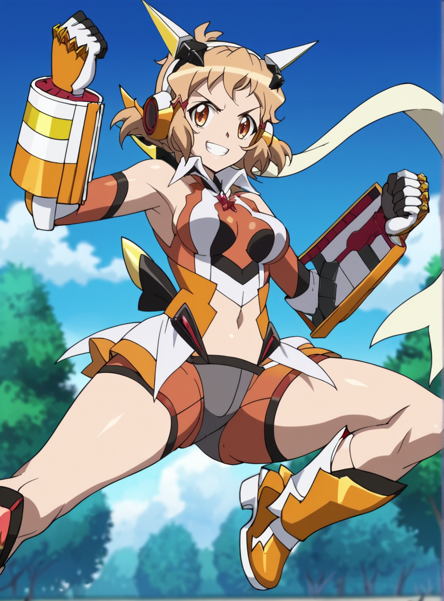 score_9, score_8_up, score_7_up, score_6_up, score_5_up, score_4_up, source_anime, masterpiece , anime screencap, anime_lineart anime coloring,  <lora:TachibanaHibiki:1>tachibana hibiki (symphogear),1girl, solo, gloves, headphones, scarf, gauntlets,(navel cutout), thick thighs, thick arms, smile, jumping, blue_sky