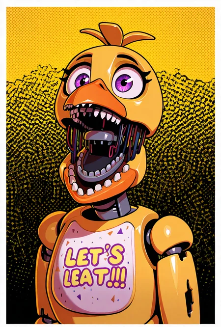 <lora:withchica-10:1> withchica, 1girl, teeth, robot, open mouth, solo, yellow skin, , no humans, joints, beak, bird, purple eyes, wires, yellow background,, masterpiece, best quality, amazing quality, very aesthetic, absurdres, newest,, upper body, halftone effect, white borders, abstract background:1.2,