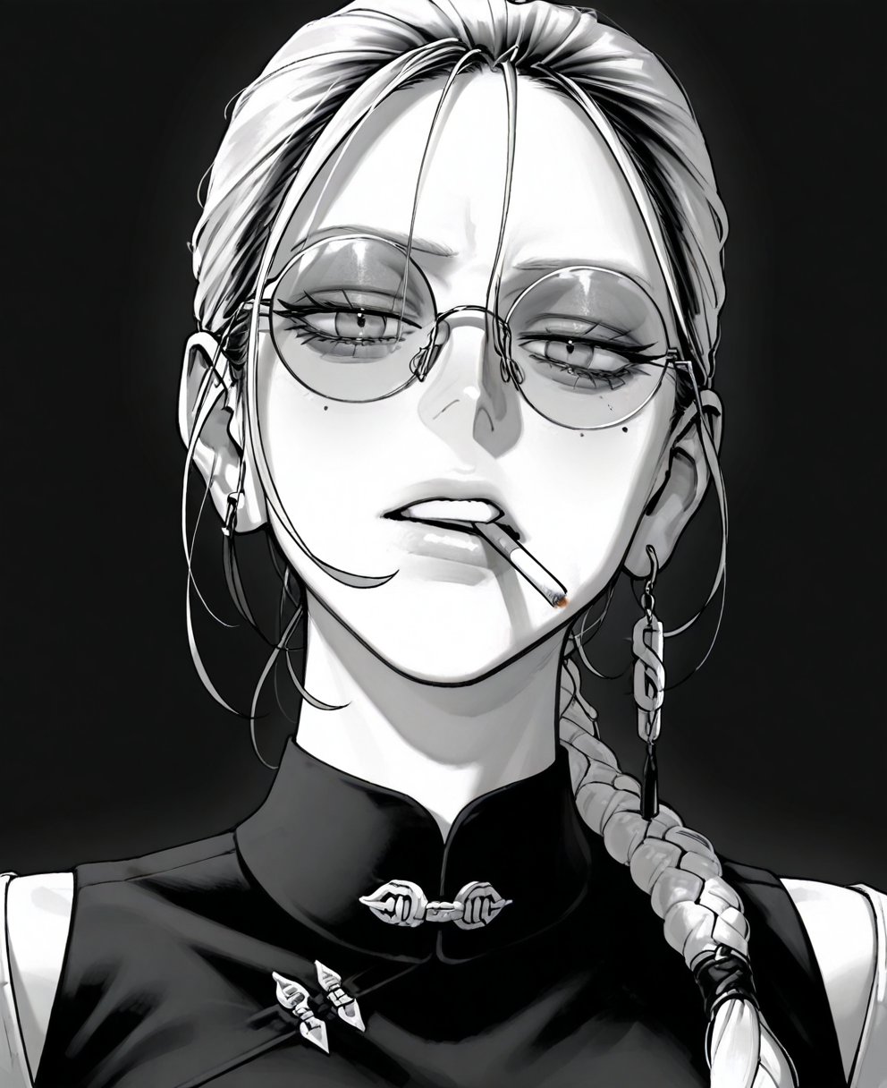 <lora:gokurakugai:1> gokurakugai,
(masterpiece), (best quality), (ultra-detailed), amazing quality, very aesthetic, illustration, perfect composition, intricate details, absurdres, incredibly absurdres, shiny skin, realistic,
 gokurakugai, monochrome, , 1girl, greyscale, cigarette, solo, glasses, braid, round eyewear, mole, smoking, , black background, mole under eye, looking at viewer, earrings, jewelry, simple background, portrait, parted lips, braided ponytail, single braid, long hair, mouth hold, general